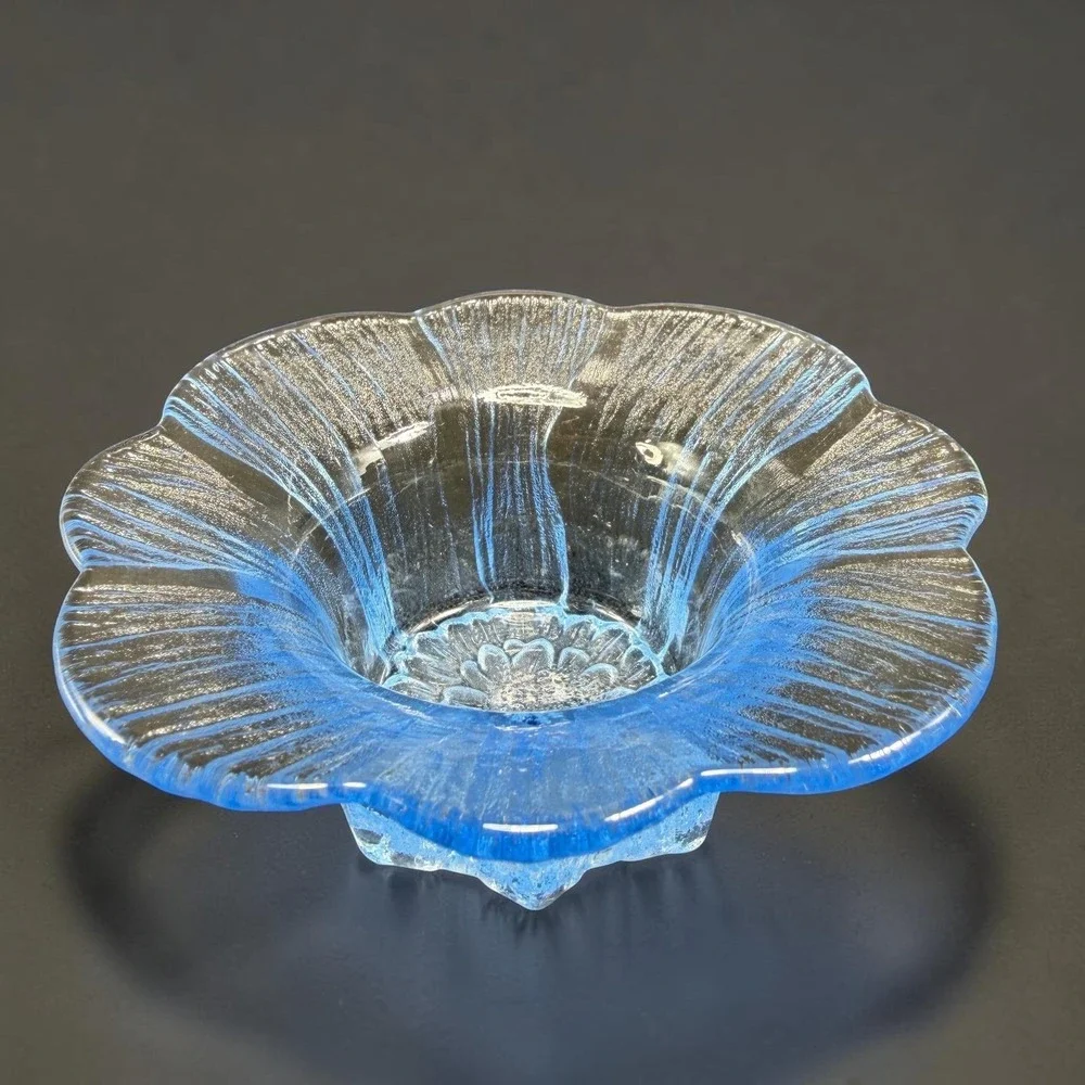 Lasisepat Mantsala Finland Blue Flower Art Glass Votive Candle Holder Vintage
